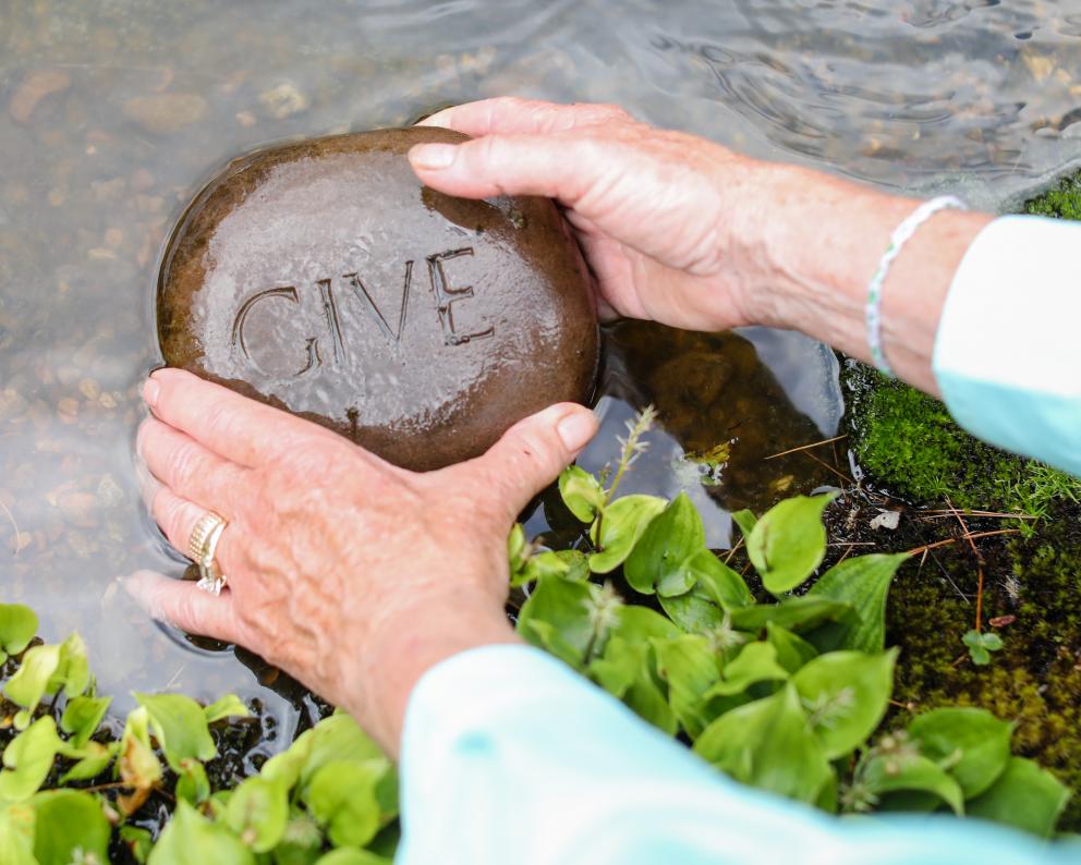 Hands holding rock engraved with the word give in water