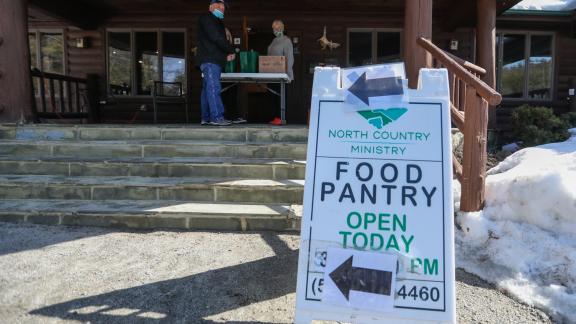 A sign points the way to the North Country Ministry's food pantry at the YMCA Adirondack Center