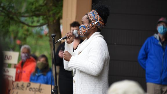Adirondack Diversity Initiative Executive Director Nicky Hylton-Patterson speaks at a Black Lives Matter rally in Saranac Lake.